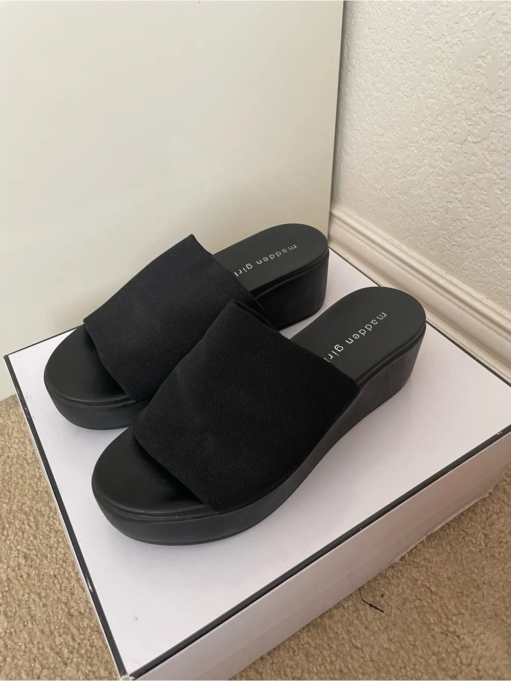 Madden Girl Black Chunky Platform Slide Sandals